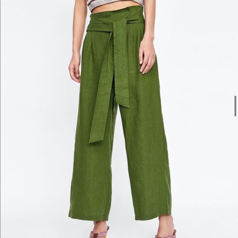 LAST NWT ZARA GREEN 100% LINEN PANTS WITH TIE BELT